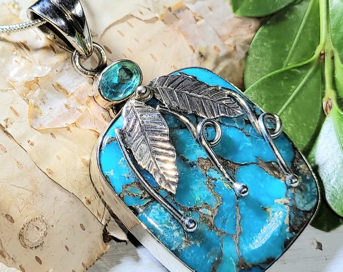 Natural Blue Copper Turquoise. Blue Topaz .925 Sterling Silver Pendant 14 Grams 2" x 1" F35