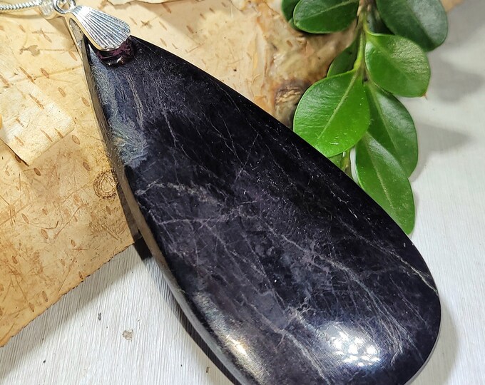 Natural Deep Purple Huge Purpurite Pear Cabochon .925 Sterling Silver Pendant 3 1/4" x 1 3/8" AP01 Sterling Silver Designer Bail
