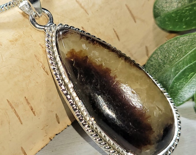 Natural Yellow Septarian Handmade Pear .925 Sterling Silver Pendant Weighs 9 grams measures 1 7/8" x 13/16" CN41 Gift for Her Genuine Stone