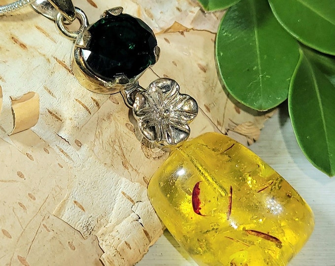 Natural Baltic Amber & Chrome Diopside .925 Sterling Silver Pendant 1 7/8" x 9/16" 6 Grams B20