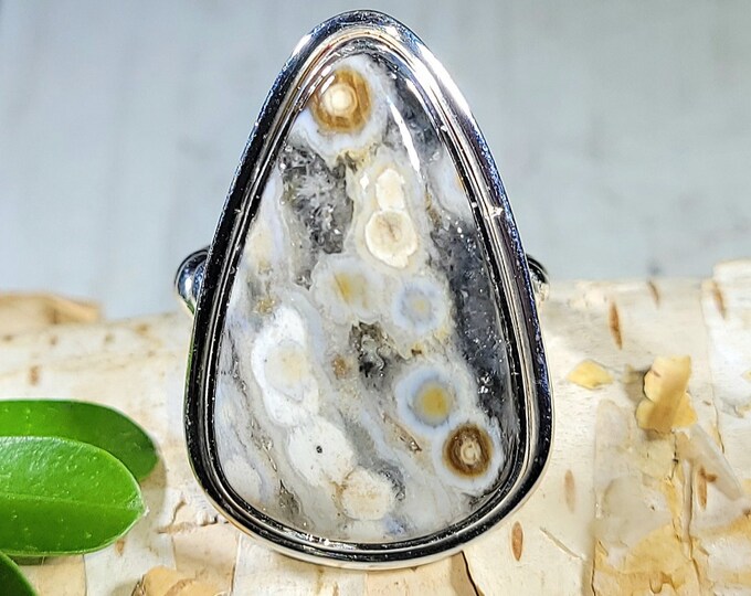 Natural High Grade Ocean Jasper Pear .925 Sterling Silver Ring Size Adjustable 6-8 9 Grams 1 1/8" x 3/4" EZ42