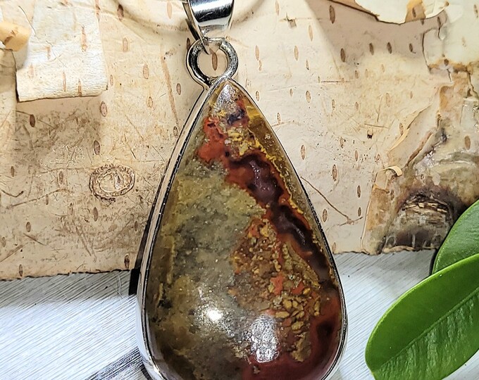 Natural Best Grade Colorful Seam Agate Pear Handmade .925 Sterling Silver Pendant 2" x 7/8" 10 Grams AQ01