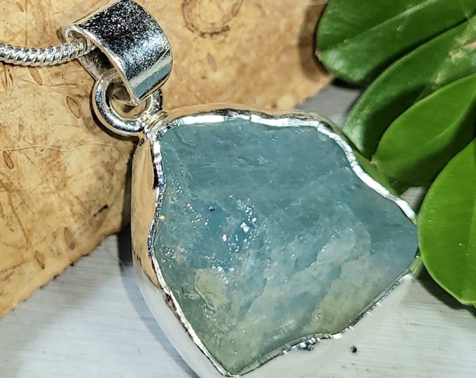 Natural Raw Aquamarine Rough Cut Handcrafted  .925 Sterling Silver Pendant 1 3/16" X 3/4" 5 Grams CF15