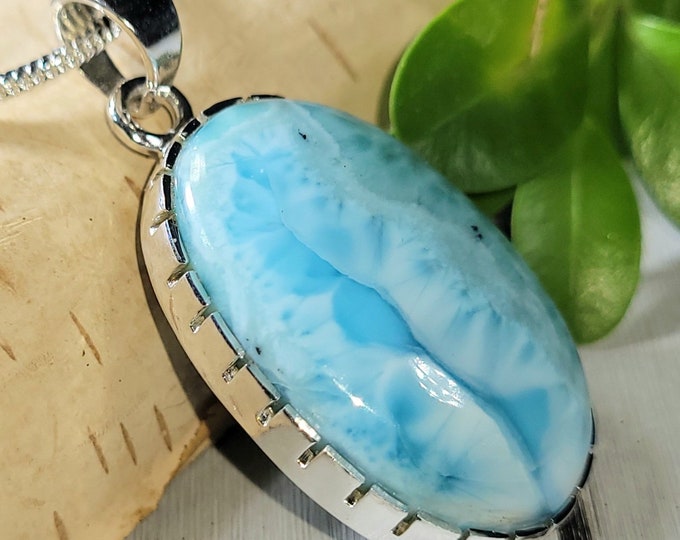 Natural High Grade Dominican Larimar Handmade Oval .925 Sterling Silver Pendant 1 11/16" x 13/16" 10 Grams CN16 Gift for Her