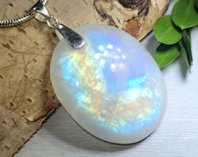 Natural Premium AAA Rainbow Moonstone Oval Cabochon Handmade 85ct .925 Sterling Silver Pendant 2" x 1 1/4" CL21 Heavy Duty Bail