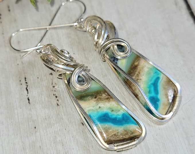 Blue Opalized Earrings,  Blue Opalized Wood Wire Wrapped Sterling Silver Earrings, Hand Wire Wrapped Opalized Earrings, Gift for Her, HH36