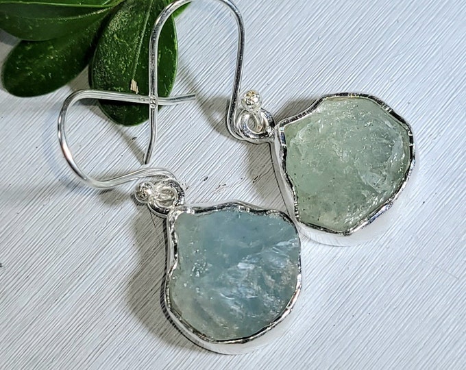 Natural Raw Rough Cut Aquamarine Handmade .925 Sterling Silver Dangle Earrings 5 Grams 1 1/4" x 5/28" CK14