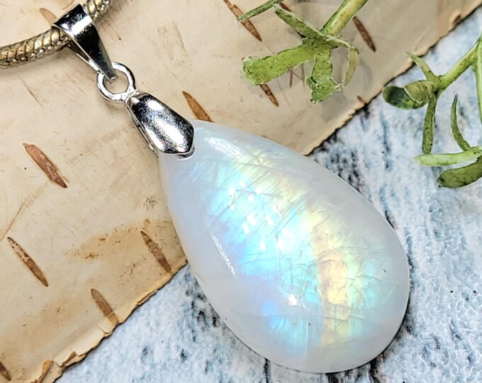 Multi Flash Moonstone Pear Pendant: Sterling Silver Handmade Jewelry