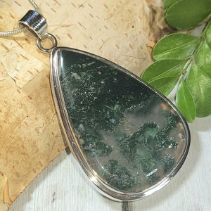 Natural Large Best Quality Green Moss Agate Pear Handmade .925 Sterling Silver Pendant 2 1/4" x 1 1/4" 15 Grams AR27