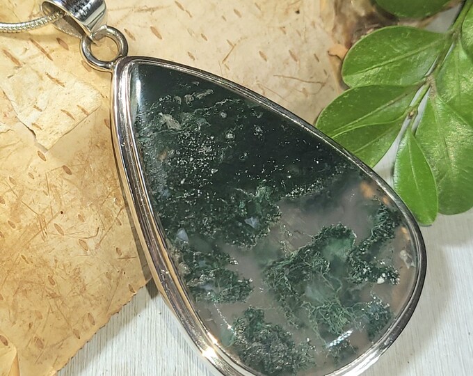 Natural Large Best Quality Green Moss Agate Pear Handmade .925 Sterling Silver Pendant 2 1/4" x 1 1/4" 15 Grams AR27
