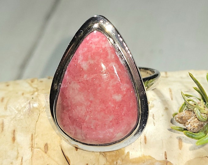 Natural Top Grade Thulite Pear Handmade .925 Sterling Silver Ring Size 7 8 Grams 1" x 3/4" AM10