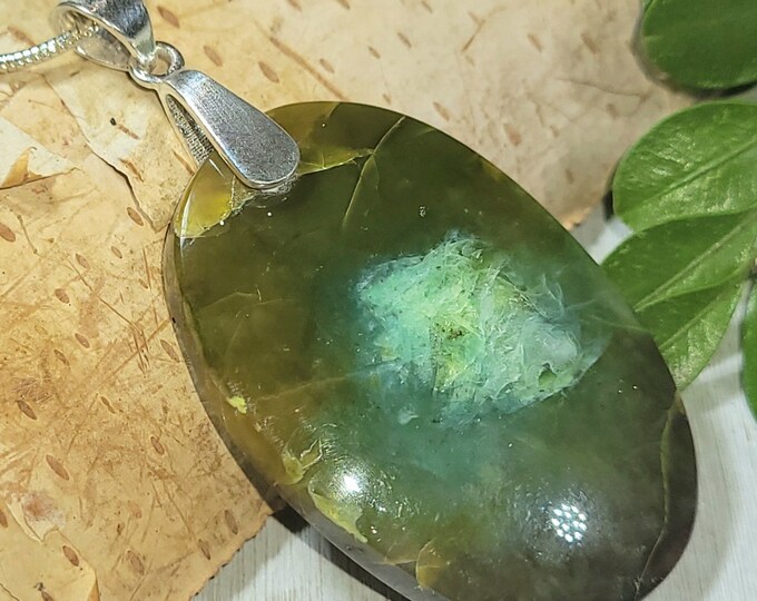 Natural Green Opalized Wood Cabochon Oval .925 Sterling Silver Pendant 2" x 1" AR24 Custom Fit Heavy Duty Sterling Silver Bail