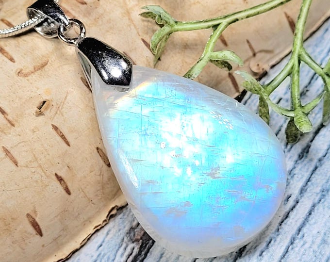 Moonstone Pendant, Rainbow Moonstone Pear Cabochon Sterling Silver Pendant, Multi Color Flash, Gift for Her, Handmade Pendant, KA01