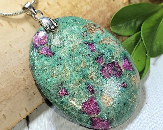 Natural High Quality Ruby Fuchsite Oval Cabochon .925 Sterling Silver Pendant Rhodium Plated Solid Sterling Silver Bail Gift for Her CK06