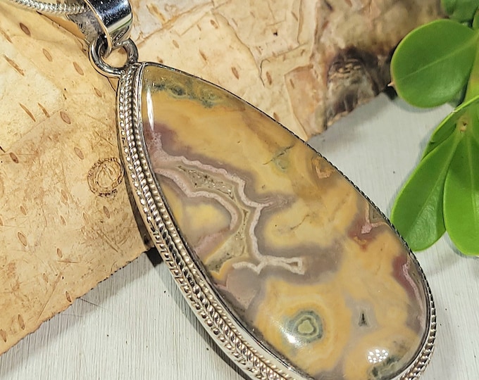 Natural Best Grade Stunning Ocean Jasper Pear Handmade .925 Sterling Silver Pendant 2 3/8" x 1" 14 Grams AN16