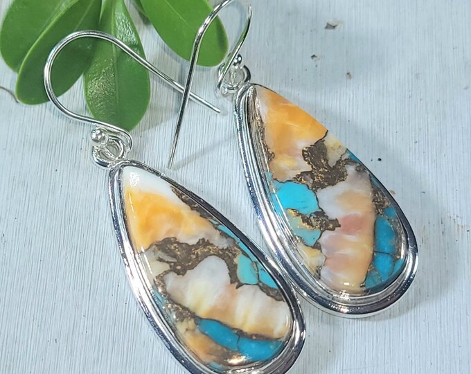 Natural Top Quality Color Spiny Oyster Turquoise Pear .925 Sterling Silver Earrings 11 Grams 1 7/8" x 5/8" CM04 Genuine Stones Gift for Her