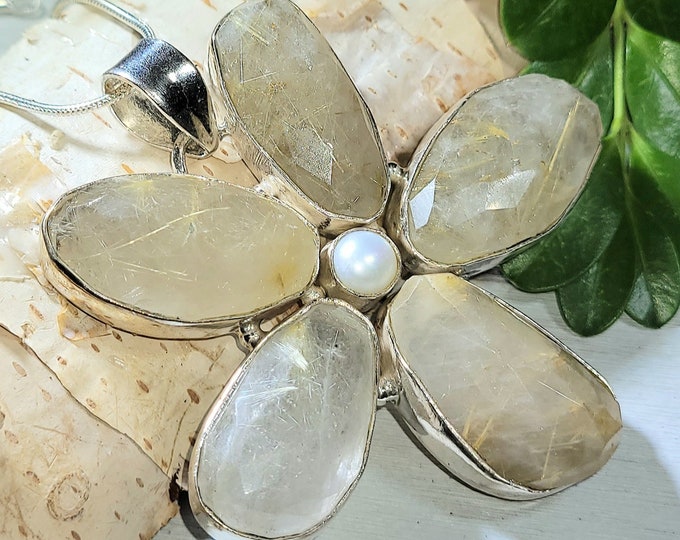 Natural Huge Tumble Stones Rutilated Quartz & Pearl Flower .925 Sterling Silver Pendant measures 2 1/2" x 2 1/2" 35 Grams N34