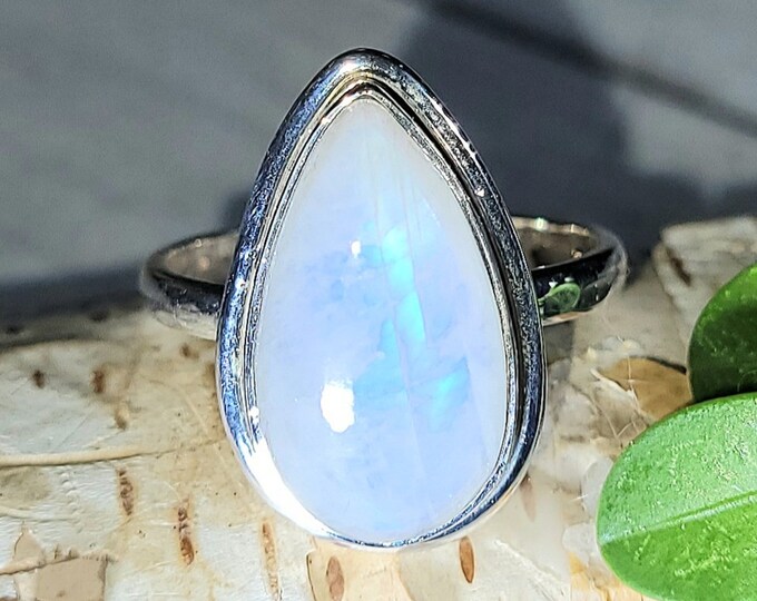 Natural Top Grade Blue Flash Moonstone Pear .925 Sterling Silver Ring Size 8.5 5 Grams 7/8" x 7/16" EX41
