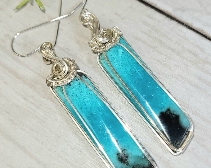 Blue Opalized Earrings, Petrified Wood Earrings, Blue Opalized Sterling Silver Wire Wrapped Earrings , Handmade Earrings GE35, Gift for Her