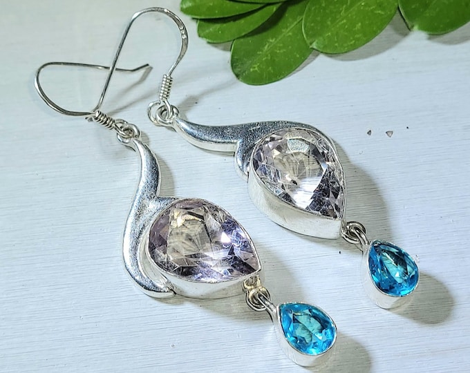 Natural Clear Quartz & London Blue Topaz .925 Sterling Silver Earrings 13 Grams 2 9/16" x 5/8" VS Clarity L01