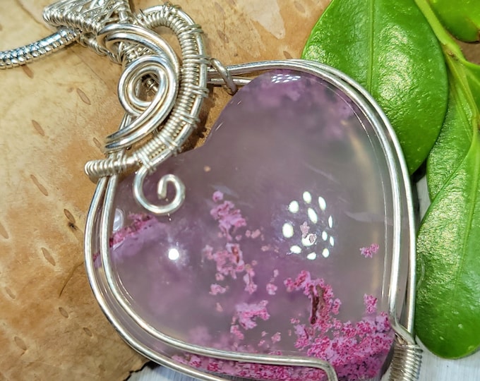 Moss Agate Pendant, Wire Wrapped Moss Agate Heart Sterling Silver Pendant, Sterling silver Wire Wrapped, Gift for Her, FD19