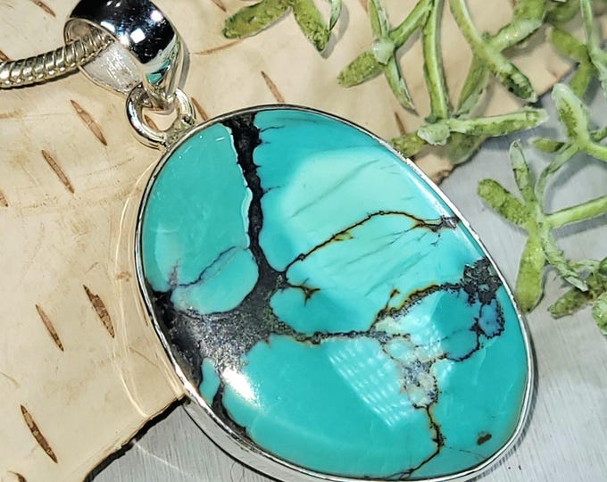 Tibet Turquoise Pendant, Tibet Turquoise Sterling Silver Pendant, Oval Turquoise Pendant, Handmade Turquoise Pendant, Boho Pendant, HT09