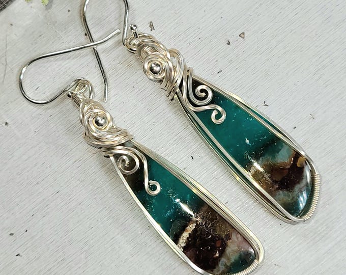 Blue Opalized Earrings, Petrified Wood Earrings, Blue Opalized Sterling Silver Wire Wrapped Earrings , Handmade Earrings, HT25, Gift for Her