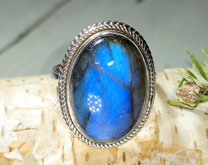 Natural High Grade Blue Flash Oval Labradorite Handmade .925 Sterling Silver Ring Size 9.5 9 Grams 1" x 3/4" AL38