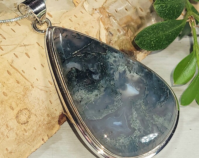Natural High Quality Green Moss Agate Pear Handmade .925 Sterling Silver Pendant 2 3/8" x 1 1/4" 17 Grams AQ39