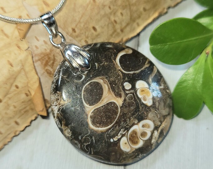 Natural Premium Turritella Agate Round Cabochon .925 Sterling Silver Pendant 1 5/8" x 1" CP22 Rhodium Plated Solid Sterling Silver Bail