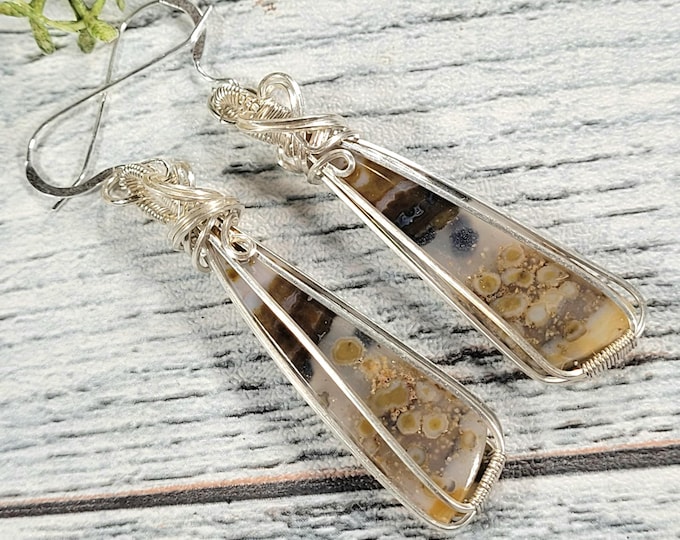 Moss Agate Earrings, Moss Agate Wire Wrapped Earrings, Agate Sterling Silver Wire Wrapped Earrings, Handmade Earrings, Gift for Her, JA15