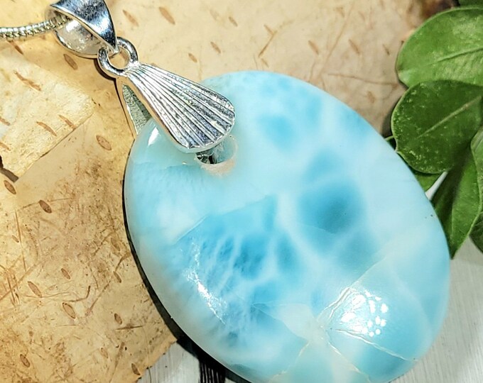 Natural AAA Grade Larimar Oval Cabochon .925 Sterling Silver Pendant 1 3/4" x 1" 10 Grams AR39 Heavy Duty Sterling Silver Designer Bail