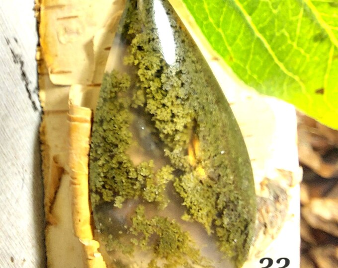 Pear Moss Agate Cabochon: Green & Brown Scenic Stone (20mm x 40mm)