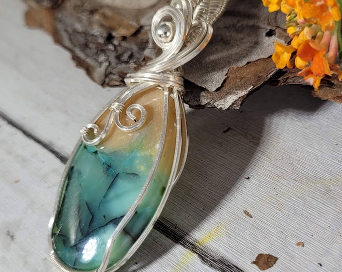 Natural Blue Petrified Opalized  Wood Stone .925 Sterling Silver Pendant Handmade Pendant, Blue opal petrified wood Opal pendant DB11