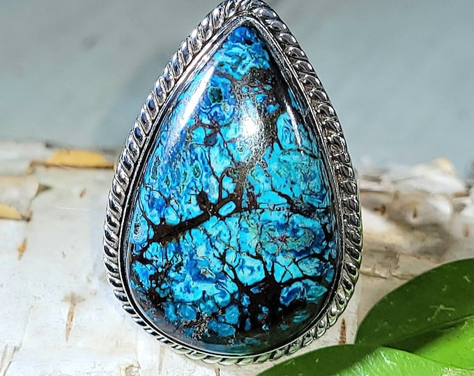 Natural High Grade Azurite .925 Sterling Silver Ring Size 7.5 8 Grams 1 1/8" x 3/4" EU23