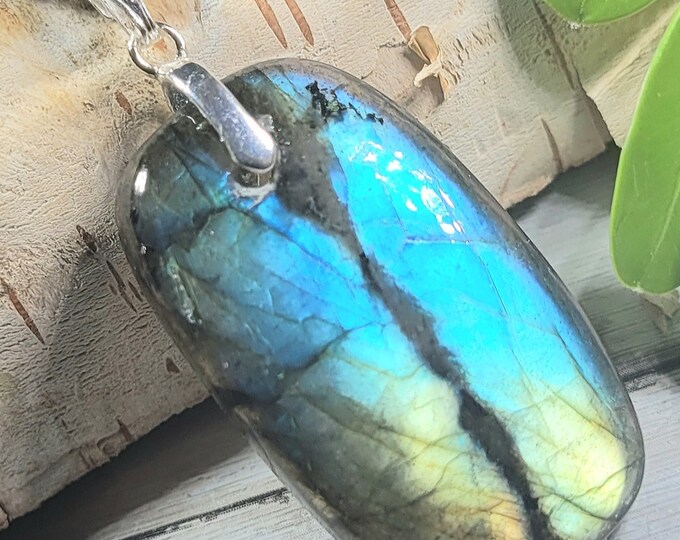 Natural Blue Green Flash Labradorite Rectangle Cabochon  .925 Sterling Silver Pendant 1 3/4" x 3/4" EH42