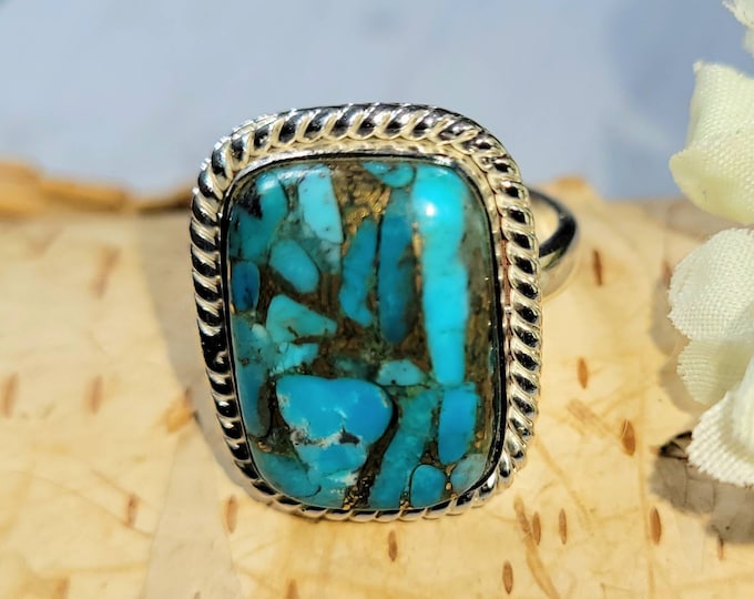 Turquoise Ring, Kingman Turquoise Ring, Turquoise Sterling Silver Size 7.5, Gift for Her, Boho Ring, Statement Ring, Handmade Ring,