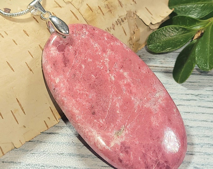 Natural High Grade Norway Thulite Cabochon .925 Sterling Silver Pendant 2 5/8" x 1 1/4" 75ct AK13 Sterling Silver Bail