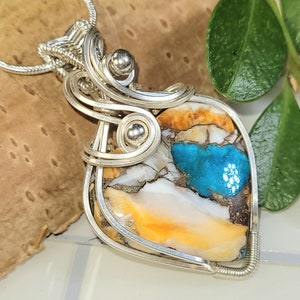 Natural Spiny Oyster Copper Turquoise Wire Wrapped Sterling Silver, Wire Wrapped Heart-Shaped Pendant, Handmade Stone Jewelry GD35