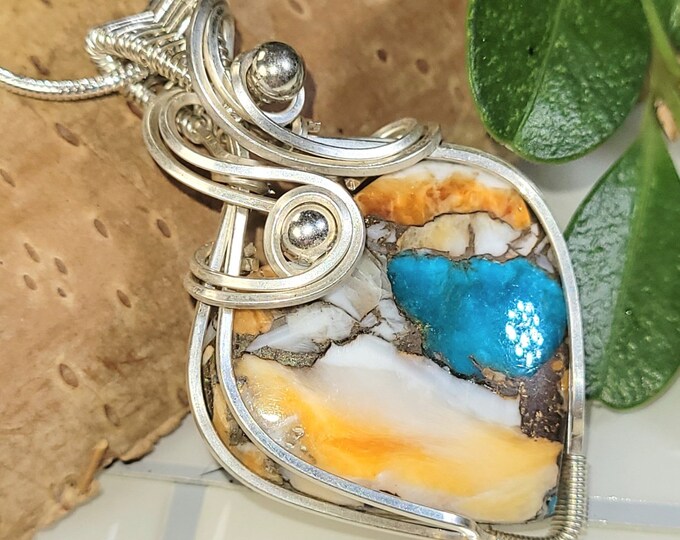 Spiny Oyster Copper Turquoise Sterling Silver Pendant: Wire Wrapped Heart Jewelry
