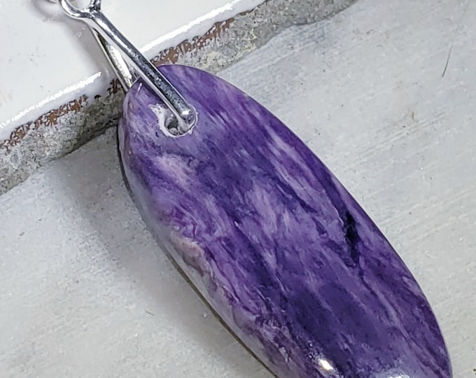 Natural AAA Charoite Oval Cabochon .925 Sterling Silver Pendant measures 2 1/8" x 9/16" EB25 Custom Fit Sterling Silver Heavy Duty Bail
