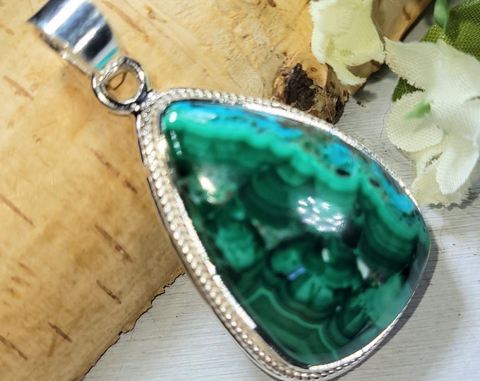 Chrysocolla Malachite Pendant, Chrysocolla Malachite Sterling Silver Pendant, Handmade Pendant, Statement Pendant, Gift for Her, DK09