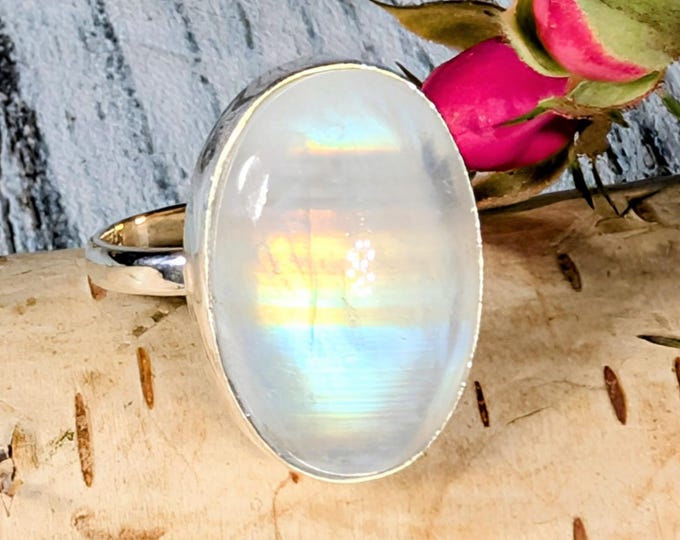 Rainbow Moonstone Sterling Silver Ring, Oval Moonstone Full Multi-Flash Ring, Size 9.75, KA22