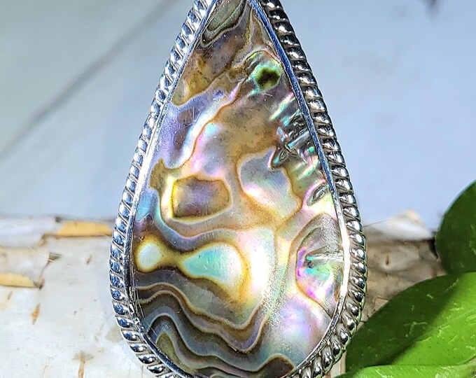 Natural Colorful Large Abalone Shell .925 Sterling Silver Ring Size 8.5 13 Grams EU21