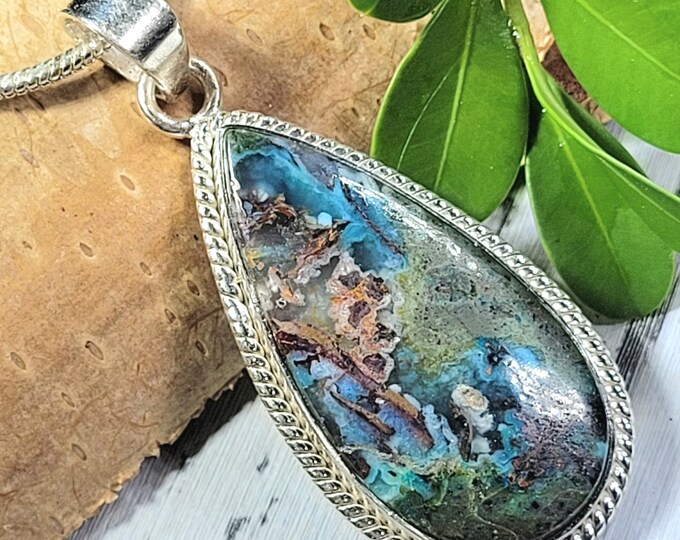 Chrysocolla Native copper Pendant, Chrysocolla Copper Pendant, .925 Sterling Silver Blue Opalized Petrified Pendant, FK03