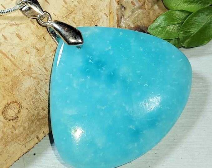 Natural High Quality Hemimorphite Pear Cabochon .925 Sterling Silver Pendant 1 7/8" x 1 1/2" 12 Grams AT19 Solid Sterling Silver Bail