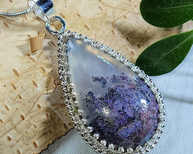 Natural High Grade Rare Purple Moss Agate Pear Handmade .925 Sterling Silver Crown Prong Setting Pendant 2" x 1" 9 Grams CS11