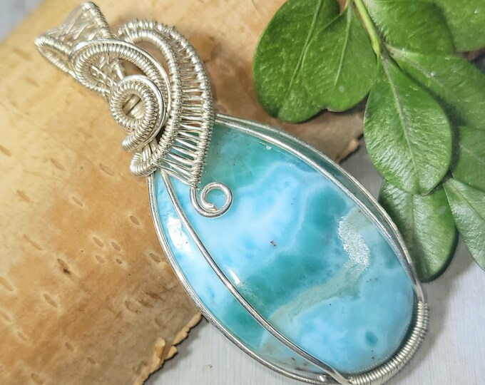 Larimar Pendant, Larimar Hand Wrapped Sterling Silver Pendant, Larimar Sterling Silver Pendant, Statement Pendant, Gift for Her  DU06