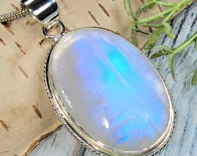 Moonstone Pendant, Rainbow Moonstone Oval Cabochon Sterling Silver Pendant, Multi Color Flash, Gift for Her, Handmade Pendant, JD07
