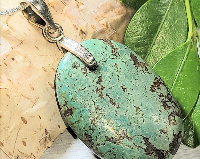 Natural Quality Tibet Turquoise Oval Cabochon .925 Sterling Silver Pendant 1 3/4" x 7/8" M20 Sterling Silver Heavy Duty Bail